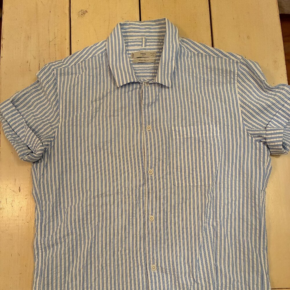 Mango Blue and White Striped Button Up Shirt